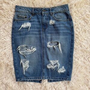 The Kooples Jeans denim distressed knee length skirt back slit SZ 25 blue pencil